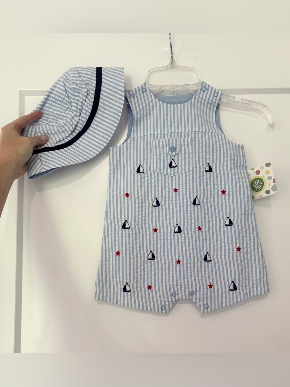 Little Me Blue White Seersucker stripe Sailboat Romper Size 6m